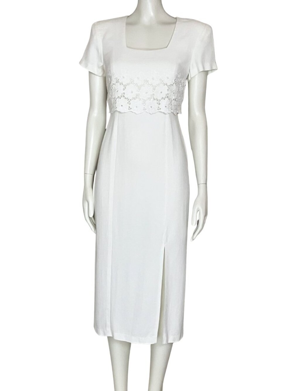 Vintage 90s White Midi Dress Lace Medium 8 Cottagecore Minimalist Casual Summer